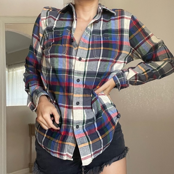 💛American Eagle 🦅 Rainbow Flannel Colorful Button Down Size Small - Picture 4 of 12